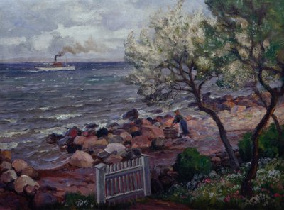 Paesaggio estivo con cancello del giardino e donna da Thorolf Holmboe