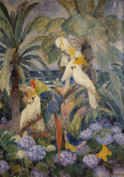 Paesaggio tropicale con pappagalli da Thorolf Holmboe