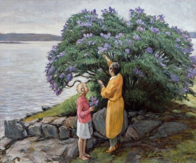 Donna e bambino vicino al cespuglio di lillà da Thorvald Torgersen