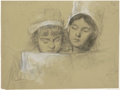 Due ragazze con cappelli bianchi, che leggono un libro da Thérèse Schwartze