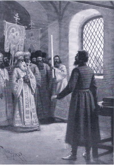 Boris Godunov in ritiro al monastero implorato di accettare la sua elezione a zar, illustrazione da Landmarks in European History pubblicata da Gresham Publishing Co, c.1920 (litografia) da Thure de Thulstrup
