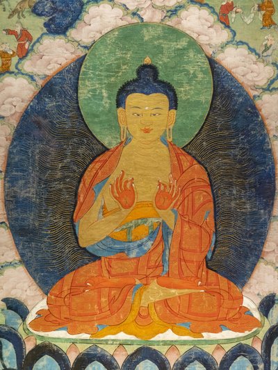 Buddha e tre Jakata: Mahakapi, Ruru, Shaabhamiga da Tibetan School