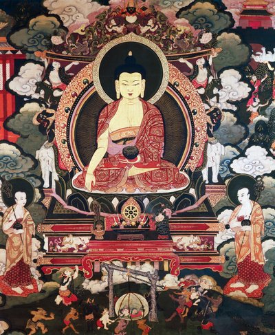 Buddha seduto tra i suoi due grandi discepoli Cariputra e Maudgalyayana, scene della vita di Buddha Sakyamuni, civiltà tibetana da Tibetan School