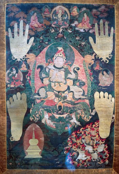 Gnya-Khri btsan-Po, leggendario primo re del Tibet, reincarnazione del bodhisattva Avalokitesvara, uno dei leader temporali e spirituali del Tibet, dipinto su tela, civiltà tibetana da Tibetan School