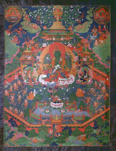 Thangka raffigurante Tara Verde da Tibetan School