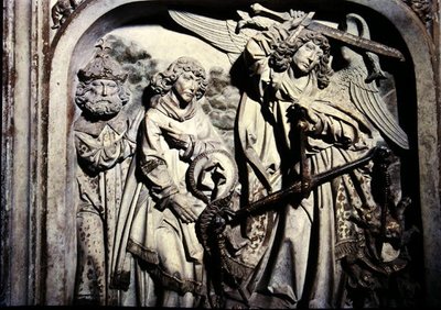 Tomba di Enrico II (973-1024) e sua moglie Cunegonda, (dettaglio) della pesatura del cuore di Enrico II alla presenza di San Lorenzo da Tilman Riemenschneider