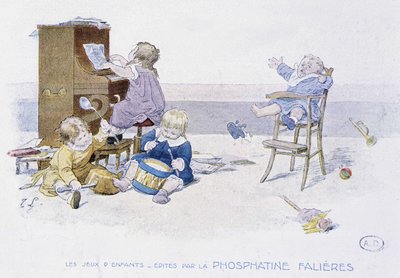 Giochi per bambini: bambini che suonano vari strumenti musicali - dis. di Lobrichon, ed. da Phosphatine Falières, ca. 1920 da Timoleon Marie Lobrichon