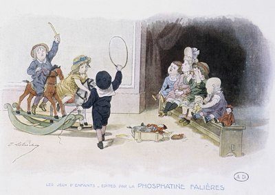 Giochi per bambini: bambini con diversi giocattoli (cerchio, cavallo a dondolo, bambole...) - dis. di Lobrichon, ed. da Phosphatine Falieres, circa 1920 da Timoleon Marie Lobrichon