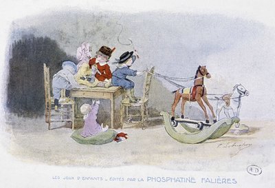 Giochi per bambini: cavalli a dondolo - dis. di Lobrichon, ed. da Phosphatine Falières, ca. 1920 da Timoleon Marie Lobrichon
