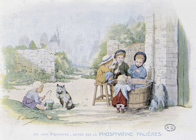 Giochi per bambini: il gioco della pesca in un secchio - dis. di Lobrichon, ed. da Phosphatine Falières, ca. 1920 da Timoleon Marie Lobrichon