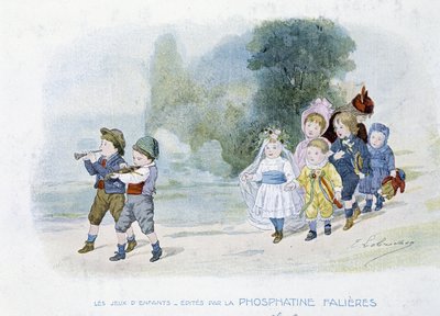 Giochi per bambini: corteo nuziale, bambini travestiti da spose - dis. di Lobrichon, ed. da Phosphatine Falières, circa 1920 da Timoleon Marie Lobrichon