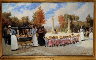 Passeggiata dalla culla alle Tuileries Le balie portano a passeggio i bambini con i carretti. Dipinto di Timoleon Lobrichon (1831-1914) da Timoleon Marie Lobrichon