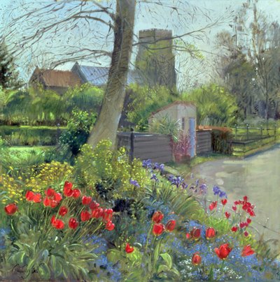Tulipani rossi e chiesa di Bedfield da Timothy Easton