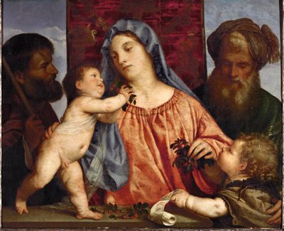 Madonna con ciliegie... (olio su tela) da Titian (c.1488-1576)
