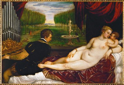 Venere, Cupido e un organista ... (dipinto su tela) da Titian (c.1488-1576)