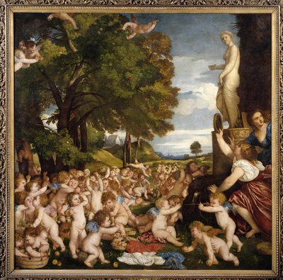 Offerta a Venere Piccoli amori (angioletti) si radunano per rendere omaggio alla dea Afrodite da Tiziano Vecelli