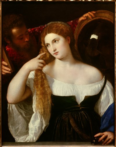 Ritratto di una donna con il suo toilette. Uno specchio dietro riflette la scena. Una serva tiene un altro specchio per lei, si guarda tranquillamente. La giovane donna sarebbe Laura Dianti, amante di Alfonso I d