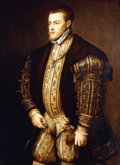 Ritratto di Re Filippo II di Spagna, a tre quarti, con Mezza Armatura e il Distintivo dell