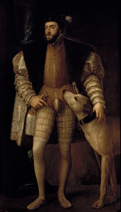 Carlo V, Imperatore del Sacro Romano Impero e Re di Spagna con il suo cane, 1533 da Tiziano Vecelli