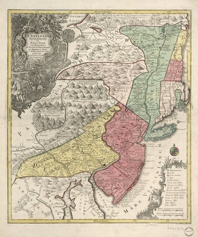 Rilievo mostrato pittoricamente. Copre anche il New England (distorto) e la regione settentrionale della Chesapeake. Titolo in latino; note in tedesco e latino; legenda in latino, tedesco e inglese. Meridiano non identificato. Province indicate da lavaggi  da Tobias Conrad Lotter