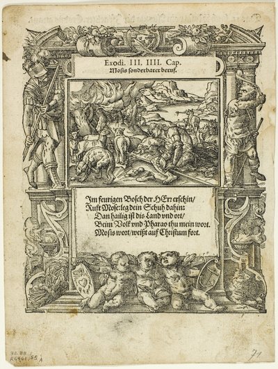 Mosè e il roveto ardente (recto) e Il bambino Mosè messo nel fiume (verso) da Neue künstlerische Figuren biblischer Historien, tavola 55 da xilografie da libri del XVI secolo da Tobias Stimmer