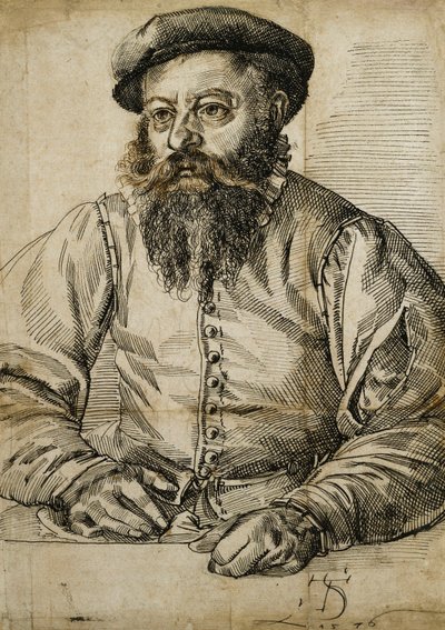 Ritratto di un uomo barbuto, mezzo busto, seduto a un tavolo da Tobias Stimmer