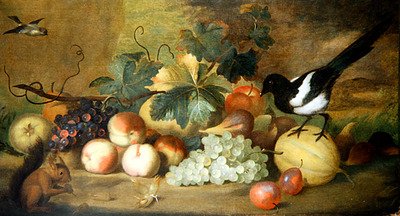 Natura morta di frutta con una gazza e uno scoiattolo rosso da Tobias Stranover