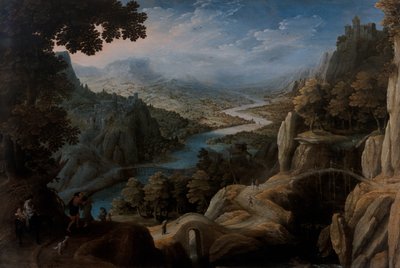 Un ampio paesaggio fluviale montuoso con la riconciliazione di Giacobbe e Labano, una città fortificata su una scogliera oltre da Tobias Verhaecht