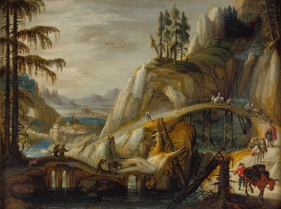 Viaggiatori in un paesaggio alpino da Tobias Verhaecht