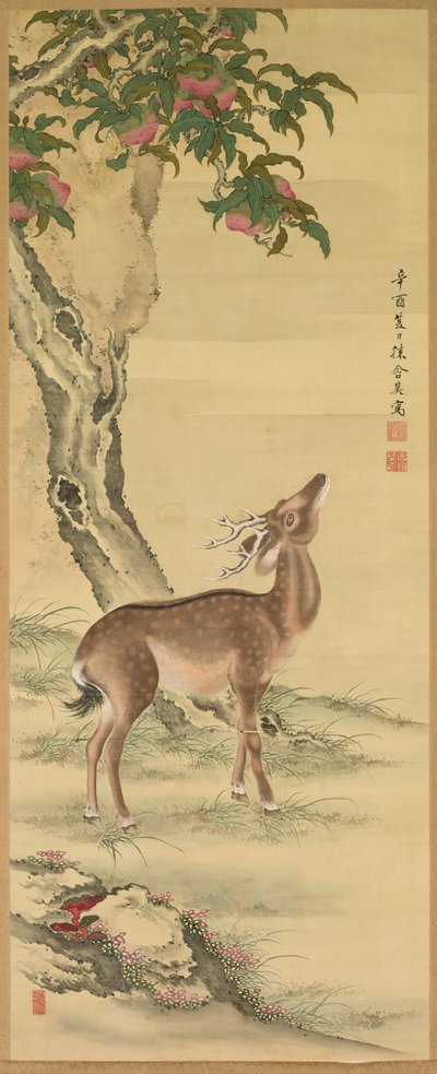 Simboli di longevità: cervo sotto pesca e pino, 1801 da Toda Tadanaka
