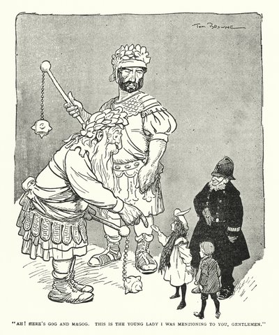 "Ah! Ecco Gog e Magog, questa è la giovane signora di cui vi parlavo, signori" (litografia) da Tom Browne