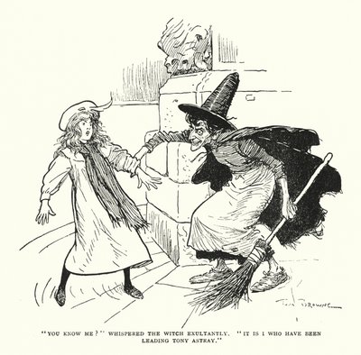 "Mi conosci?" sussurrò la strega esultante, "Sono io che ho portato Tony fuori strada" (litografia) da Tom Browne