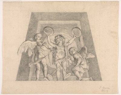 Tre putti con tamburelli e trombe, progetto per lunetta della Sala delle Muse, Museo Pio-Clementino, Vaticano da Tommaso Maria Conca