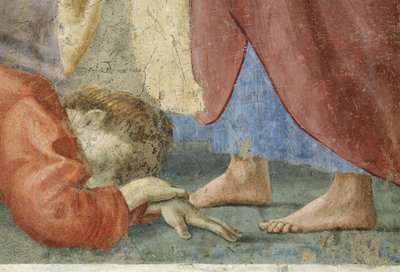 San Pietro distribuisce i beni comuni della Chiesa e la morte di Anania (dettaglio di Anania morto ai piedi di San Pietro) da Tommaso Masaccio