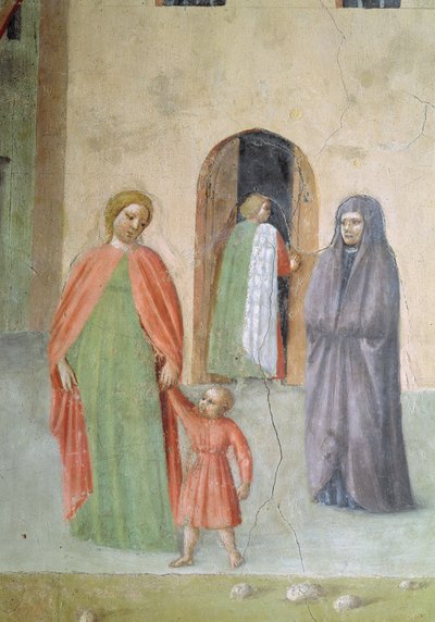 San Pietro guarisce uno storpio e la resurrezione di Tabita (dettaglio di figure distanti: suora e madre con bambino) da Tommaso Masolino da Panicale