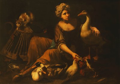 Una ragazza che nutre galli, con un gatto su un cesto, un
