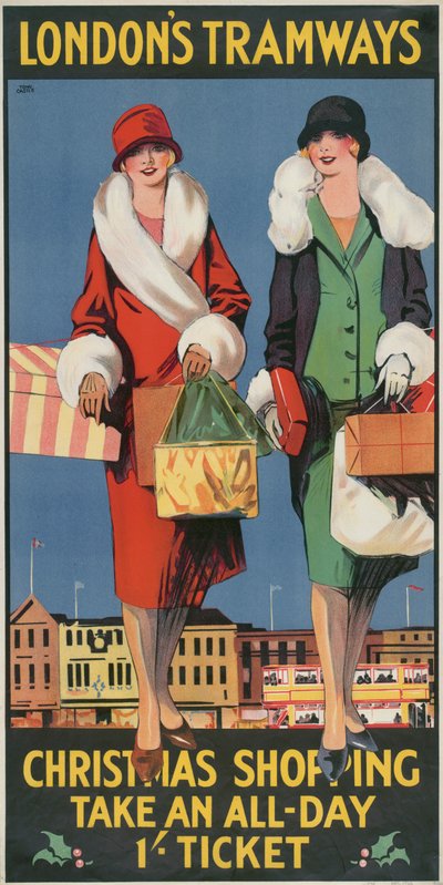 Shopping natalizio, prendi un biglietto tutto il giorno, manifesto dei tramways del Consiglio della Contea di Londra LCC, 1926 da Tony Castle