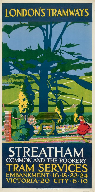 Streatham Common e il Rookery, poster del London County Council LCC Tramways, 1927 da Tony Castle