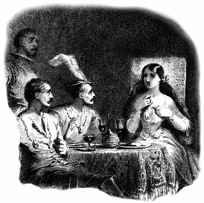 Una giovane donna e tre uomini davanti a bicchieri di vino. (dettaglio) da Tony Johannot