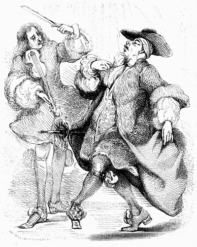 Molière: Il borghese gentiluomo, il signor Jourdain danza sotto la direzione del suo maestro di musica. Incisione di Tony Johannot nell