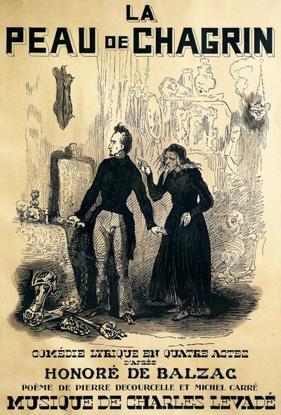 Poster per Le peau de chagrin, opera comica, libretto di Pierre Decourcelle e Michel Carre, musica di Charles Levade, dal romanzo di Honoré De Balzac, Disegno di Tony Johannot da Tony Johannot
