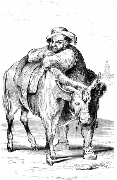 Sancho Panza, scudiero di Don Chisciotte e il suo asino. Illustrazione del romanzo di Cervantes pubblicato in Francia nel 1845 da Dubochet & Cie, traduzione di Louis Viardot, incisioni di Tony Johannot. da Tony Johannot