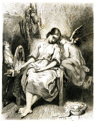 Giovane donna (filatrice) che dorme accanto alla sua ruota - un angioletto si china sulla sua spalla - sonno - sogno - fantasticheria - amore - incisione (acquaforte 1845) di Tony Johannot (Antoine Johannot detto) da Tony Johannot