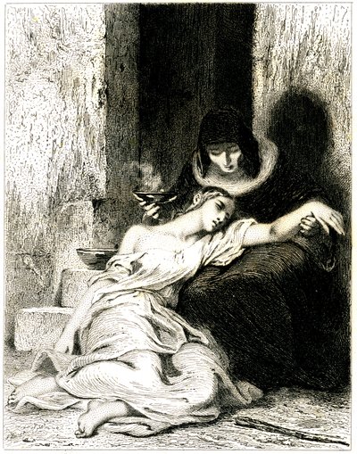 Giovane donna visibilmente sofferente sulle ginocchia di una donna più anziana che le fa prendere una pozione - incisione di Tony Johannot da Tony Johannot