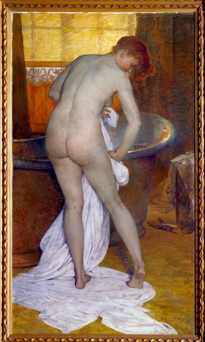Il bagno. Scena in un bagno: una donna esce dalla vasca e si asciuga il corpo nudo con un asciugamano. Dipinto di Tony Robert Fleury da Tony Robert Fleury
