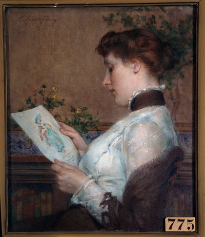 Una donna che ammira un disegno da Tony Robert Fleury