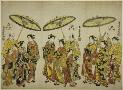 Bellezze delle tre capitali: Shimabara a Kyoto (a destra), Yoshiwara a Edo (al centro) e Shinmachi a Osaka (a sinistra) da Torii Kiyohiro