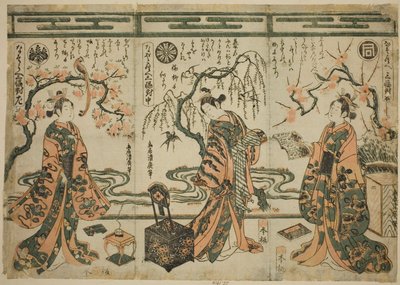 Gli attori Sanogawa Ichimatsu (destra), Nakamura Tomijuro (centro) e Nakamura Kumetaro (sinistra), da Un confronto - Set di tre da Torii Kiyohiro