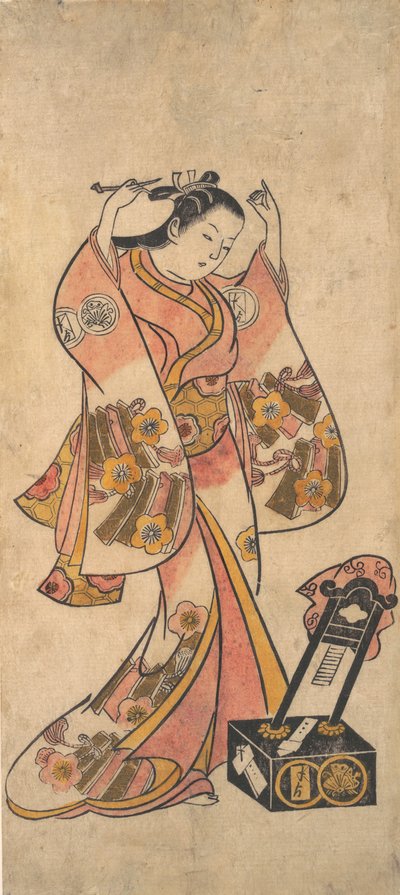 Sanjo Kantaro come una donna che si sistema i capelli davanti a uno specchio laccato, prima del 1763 da Torii Kiyomasu II.