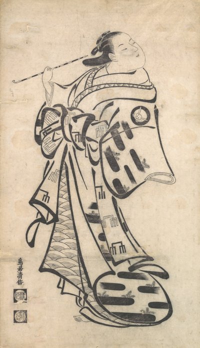 Un Oiran in piedi, una pipa nella mano destra, e si gira a guardare dietro di sé da Torii Kiyomasu I